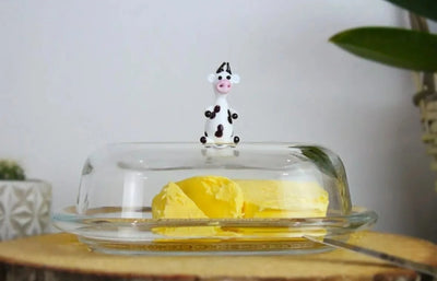 Glass Butter Bowl & Cheese Bowl with Cow Figure