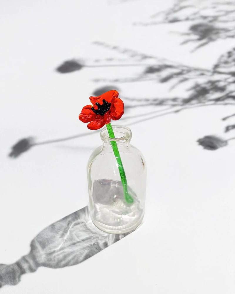 Red Poppy Flower Handmade Glass Figurine with Mini Vase