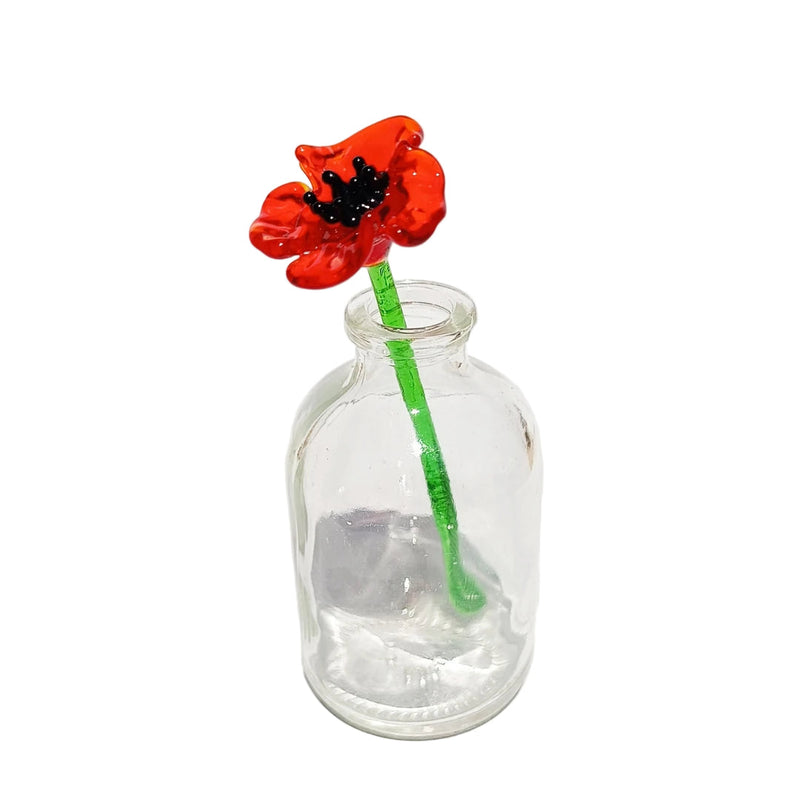 Red Poppy Flower Handmade Glass Figurine with Mini Vase