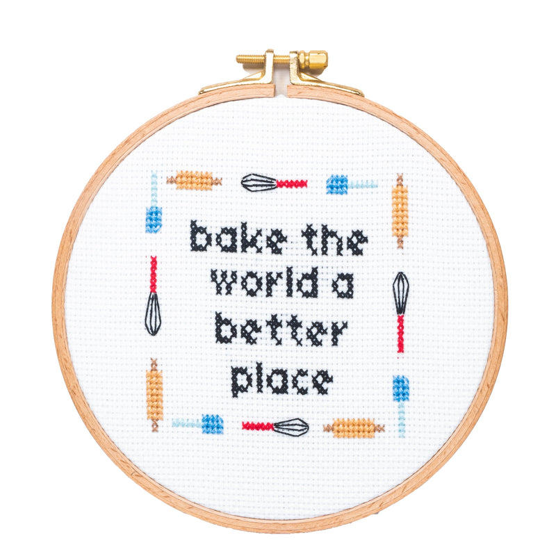 Bake the World a Better Place Cross Stitch Hoop Art