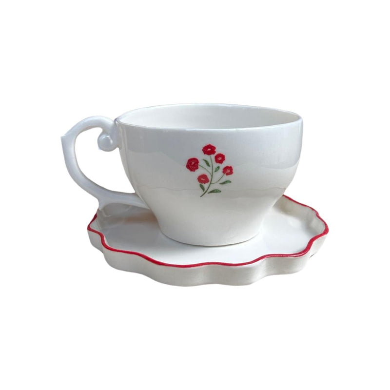 Fine Flower Rustic Clover Plate with Handle Red Cup Set