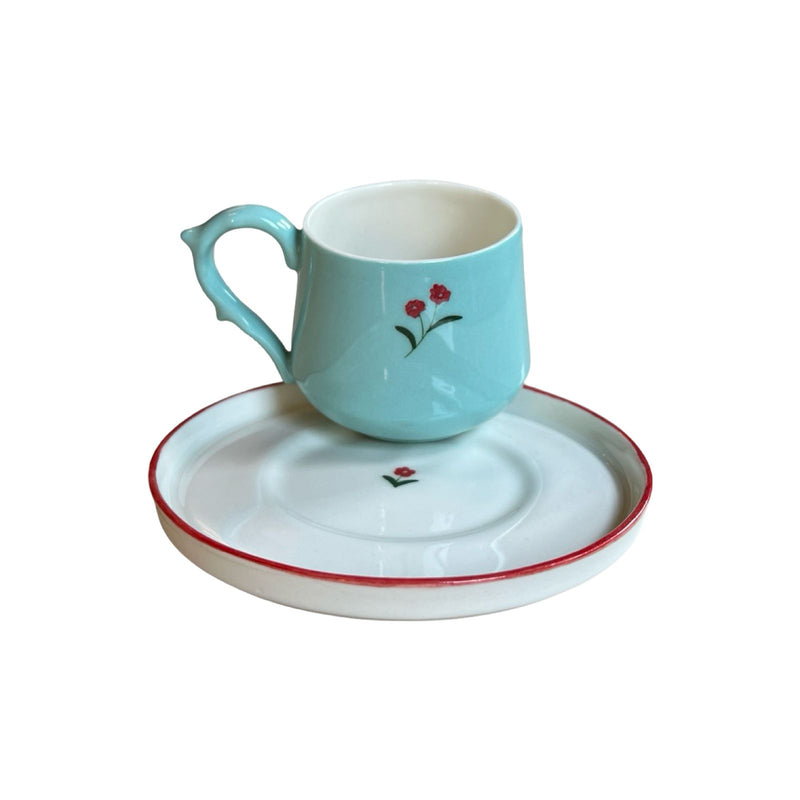 Fine Flower Elegant Turkish Coffee Set Water Green - Red Contoured