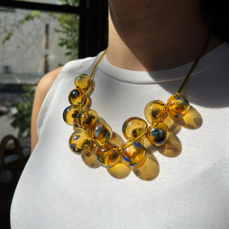 Amber Glass Blown Ball Necklace 12 Beads