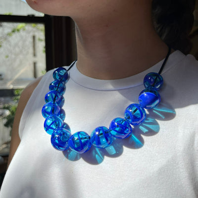 Blue Glass Blown Ball Necklace 12 Beads