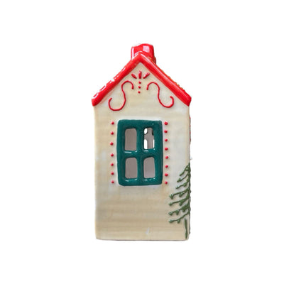 Village Pottery Beige Christmas House Tealight Holder