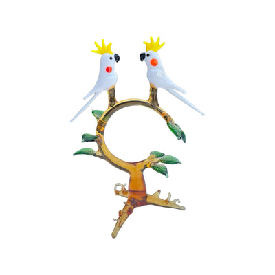 2 Parrots on Tree Decorative Glass Figurine - White