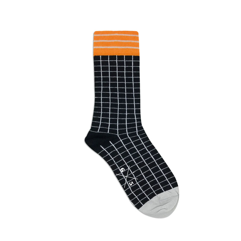 GRID BLACK Black White Orange Square Patterned Unisex Socks