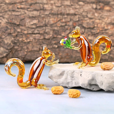 Squirrel Flower Love Themed 2-Piece Handmade Glass Figurine