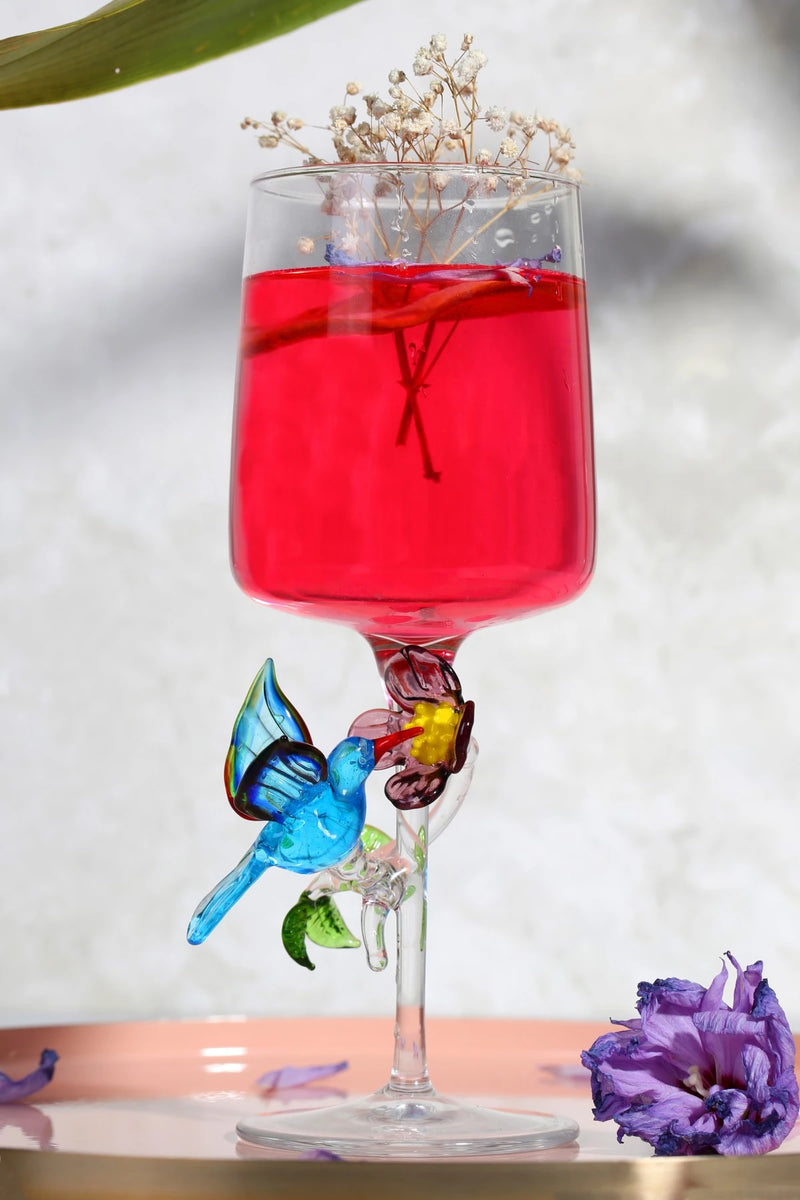 Hummingbird and Flower Murano Glass Decorated Design Footed Cocktail Glass