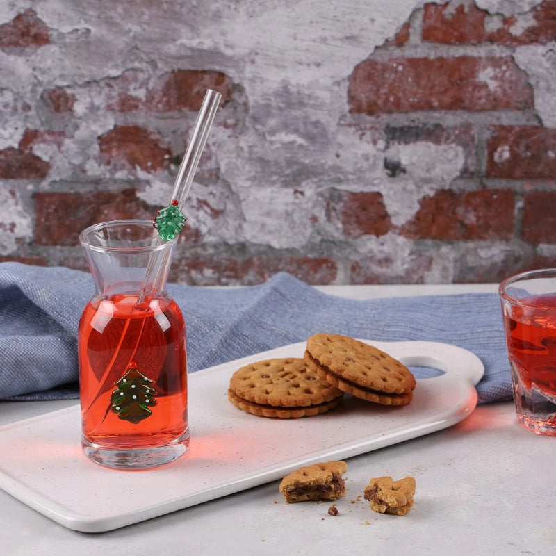 Christmas Tree Figured Serving Carafe and Glass Straw Set