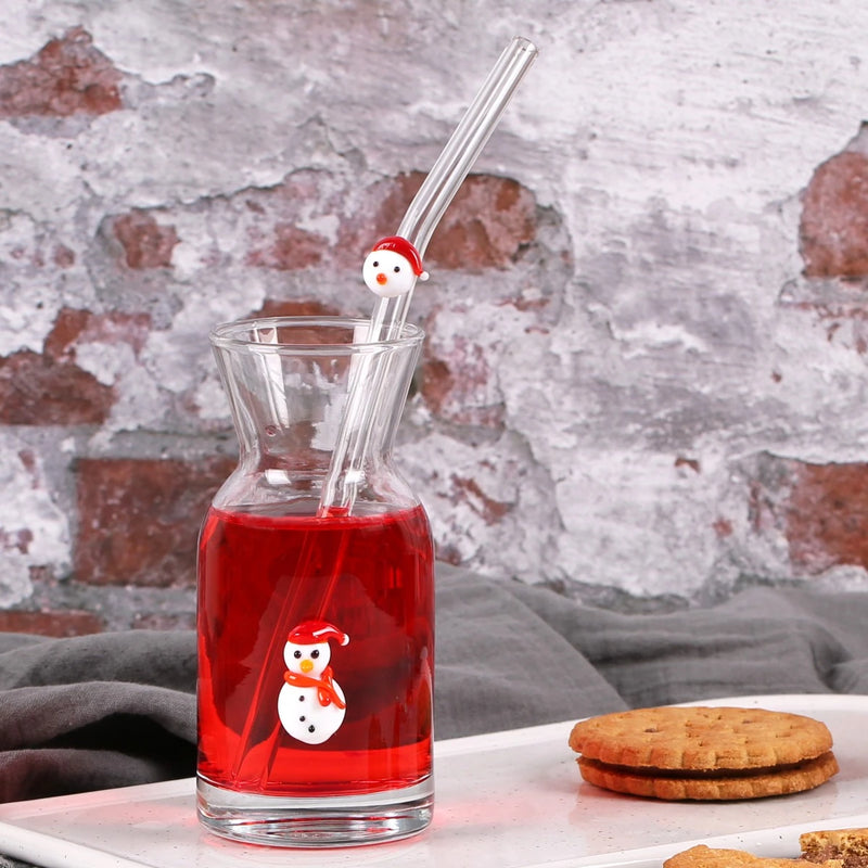 Snowman Figured Serving Carafe and Glass Straw Set