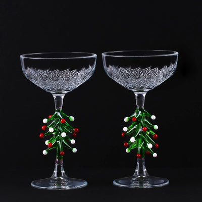 Noel Çam Ağacı Tasarımı Kristal Kesim Dekorasyonlu Coupe Kokteyl Bardağı