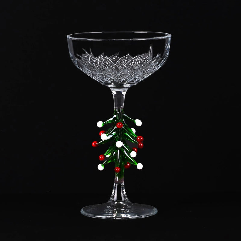 Christmas Pine Tree Design Coupe Cocktail Glass with Crystal Cut Decoration