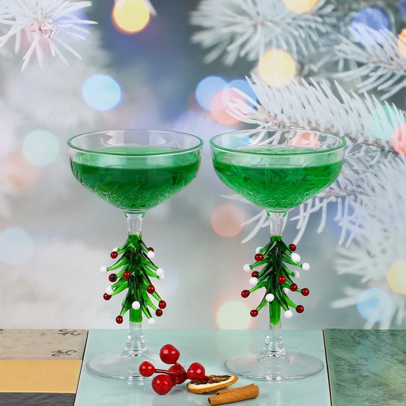 Christmas Pine Tree Design Coupe Cocktail Glass with Crystal Cut Decoration
