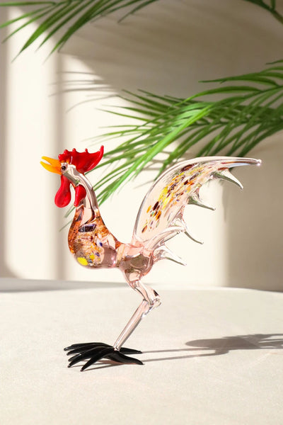 Rooster Handmade Murano Glass Design Decorative Figurine - Pink