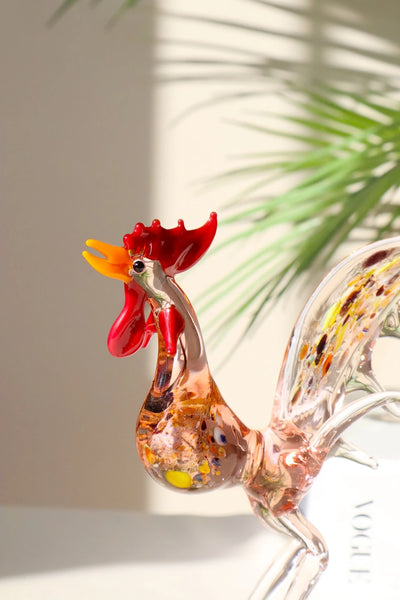 Rooster Handmade Murano Glass Design Decorative Figurine - Pink