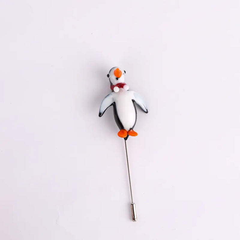 Penguin Glass Figure Brooch with Ribbon - New Year&