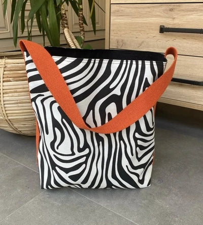 Zebra Patterned / Black Double Sided Bag With Orange Strap