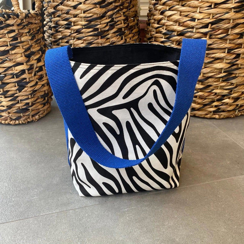 Zebra Patterned / Black Double Sided Bag With Blue Strap