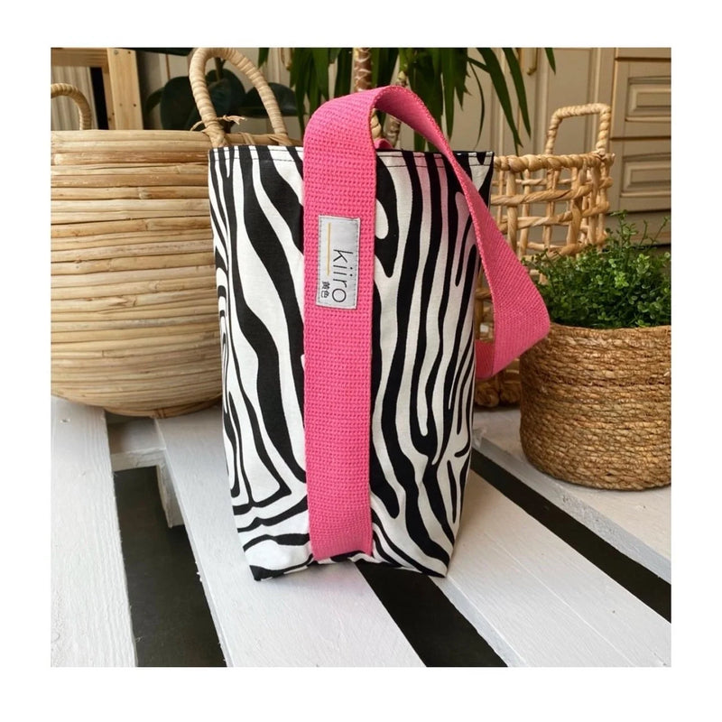 Zebra Patterned / Black Double Sided Bag With Pink Strap