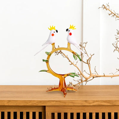 2 Parrots on Tree Decorative Glass Figurine - White