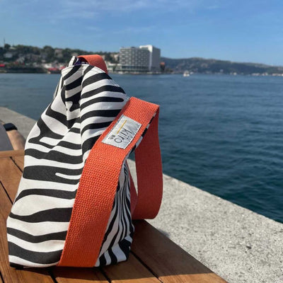 Zebra Patterned / Black Double Sided Bag With Orange Strap