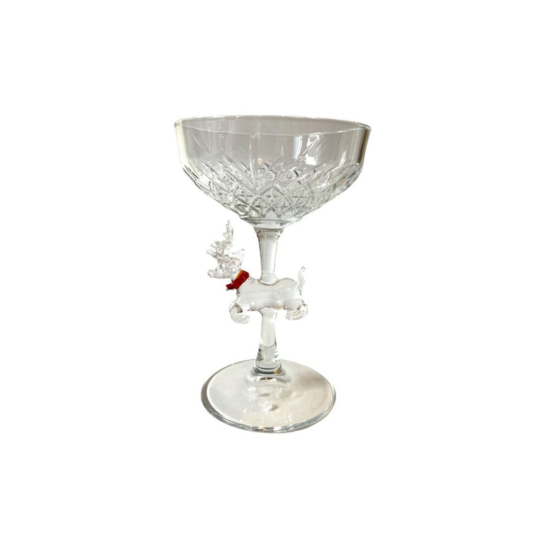 Christmas Deer Glass Figured Crystal Cut Decorated Coupe Pedestal Cocktail Serving Glass
