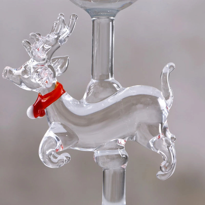 Christmas Deer Glass Figured Crystal Cut Decorated Coupe Pedestal Cocktail Serving Glass