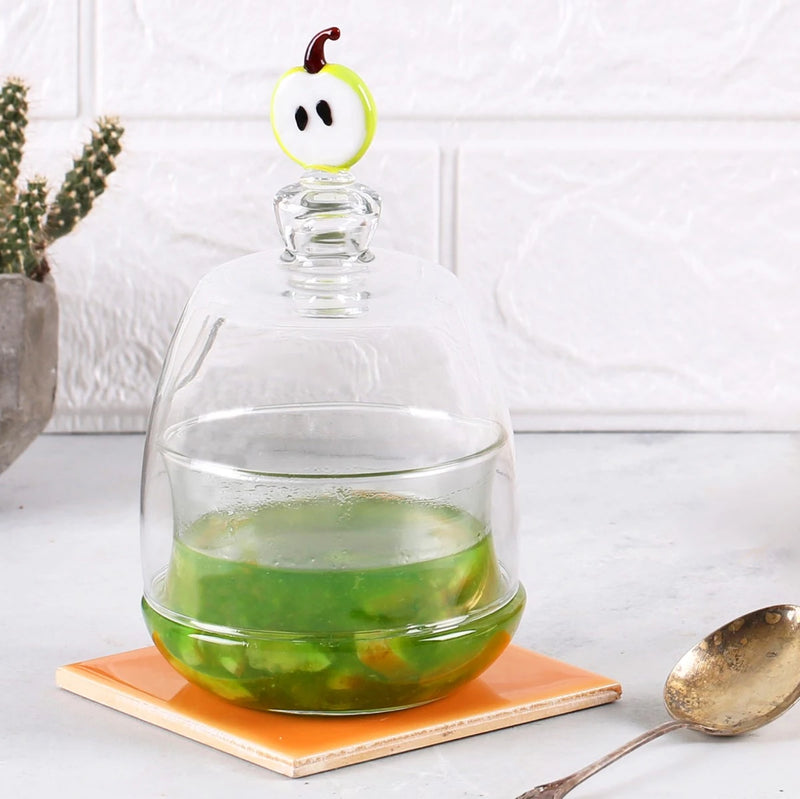 Green Apple Slice Figured Glass Lid Jam & Sugar Bowl
